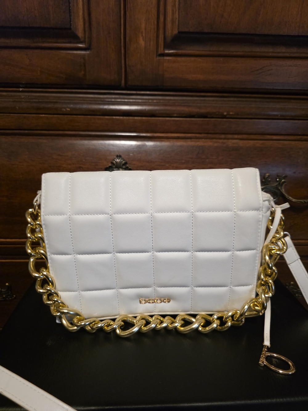 bebe White Quilted Shoulder Bag with Gold Chain